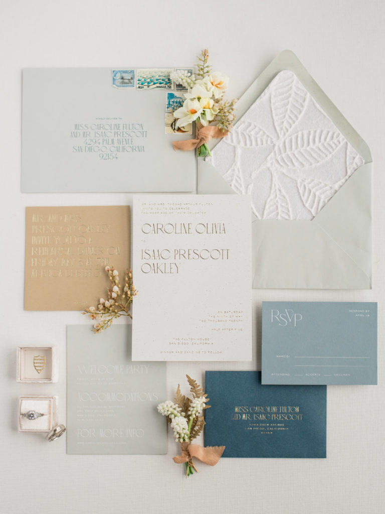 Fine Art Invitation Suite flay lay with Mrs. Box and stationery by Isidore Augustine by Liz Andolina Photography
