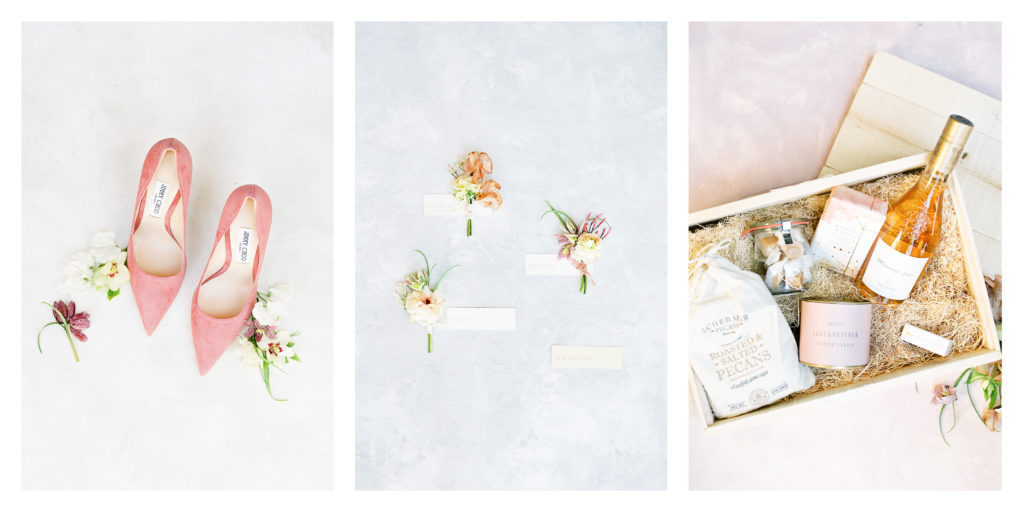 Jimmy Choo heels, fine art boutonnieres, and welcome gift for guests photographed on film by Liz Andolina Photography