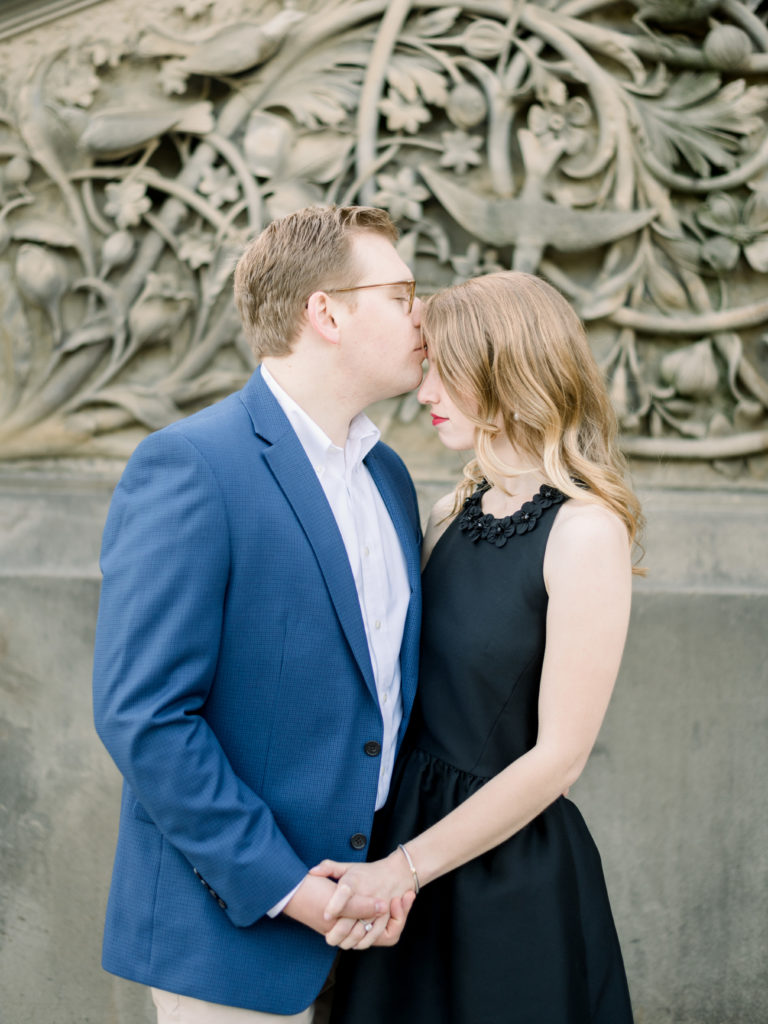Fine art engagement session in NYC, New York City, Central Park, Bethesda Terrace and Fountain, city chic, stylish, designer dress, film wedding photographer, NYC wedding photographer, Liz Andolina Photography