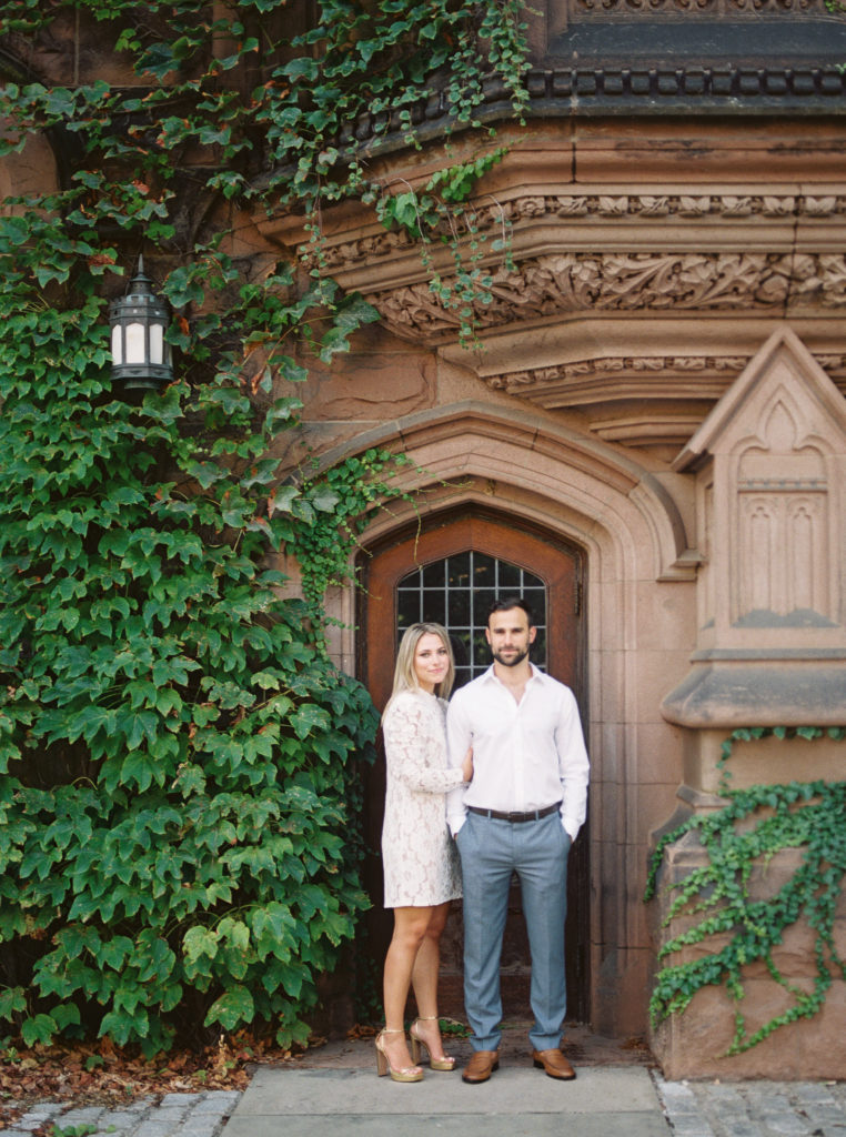 Chic and romantic engagement session in front of beautiful architecture at Princeton University 