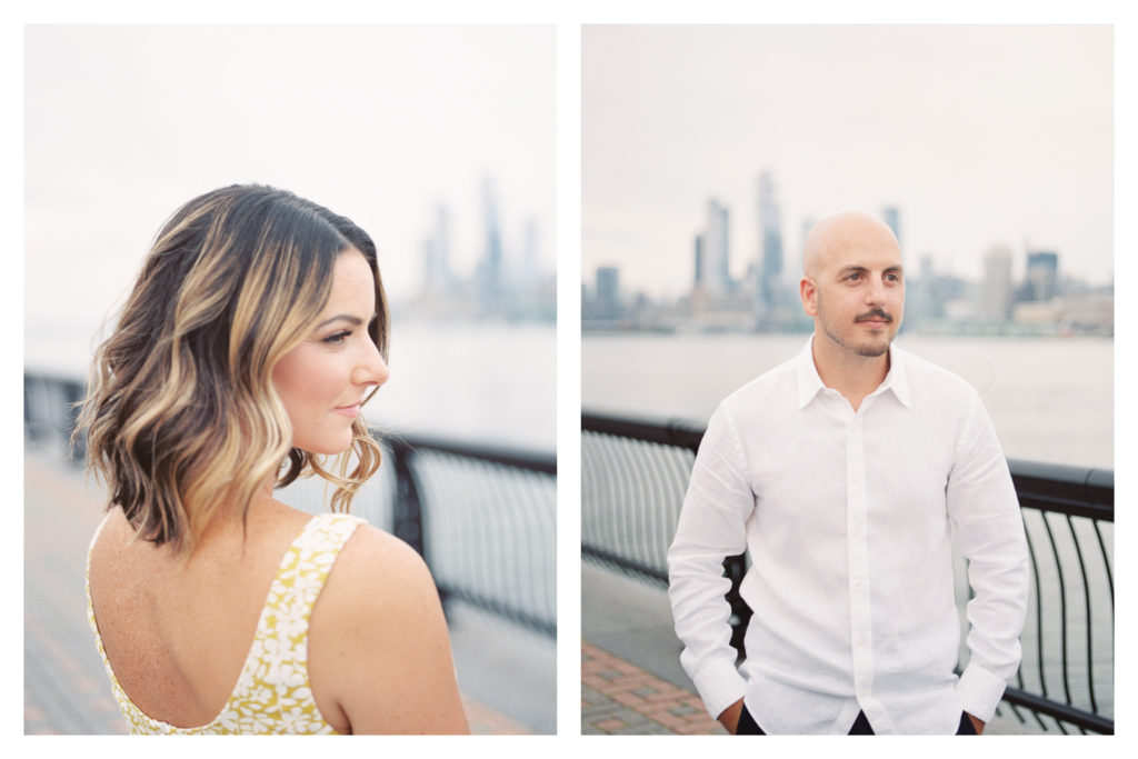 Romantic engagement session at Pier A Park in Hoboken, New Jersey