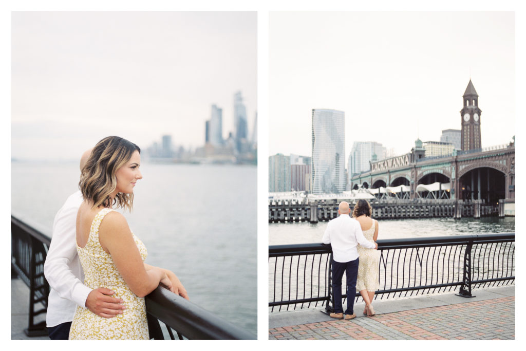 Romantic engagement session at Pier A in Hoboken, New Jersey