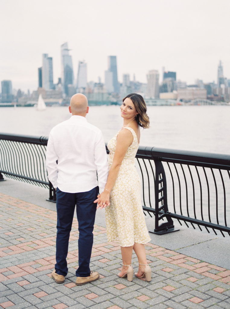 Romantic engagement session in film in Hoboken, New Jersey