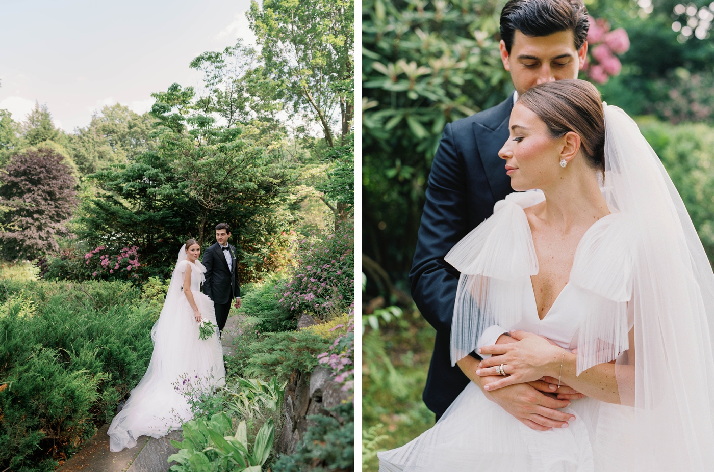 Bride and groom walking through a garden at the bride's family home