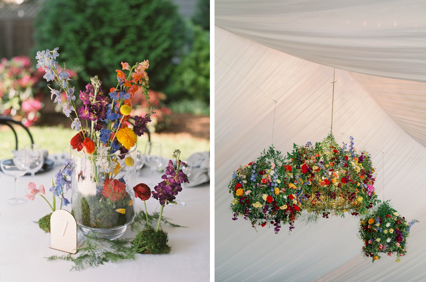 Colorful floral chandeliers hanging from a tent ceiling at a backyard wedding