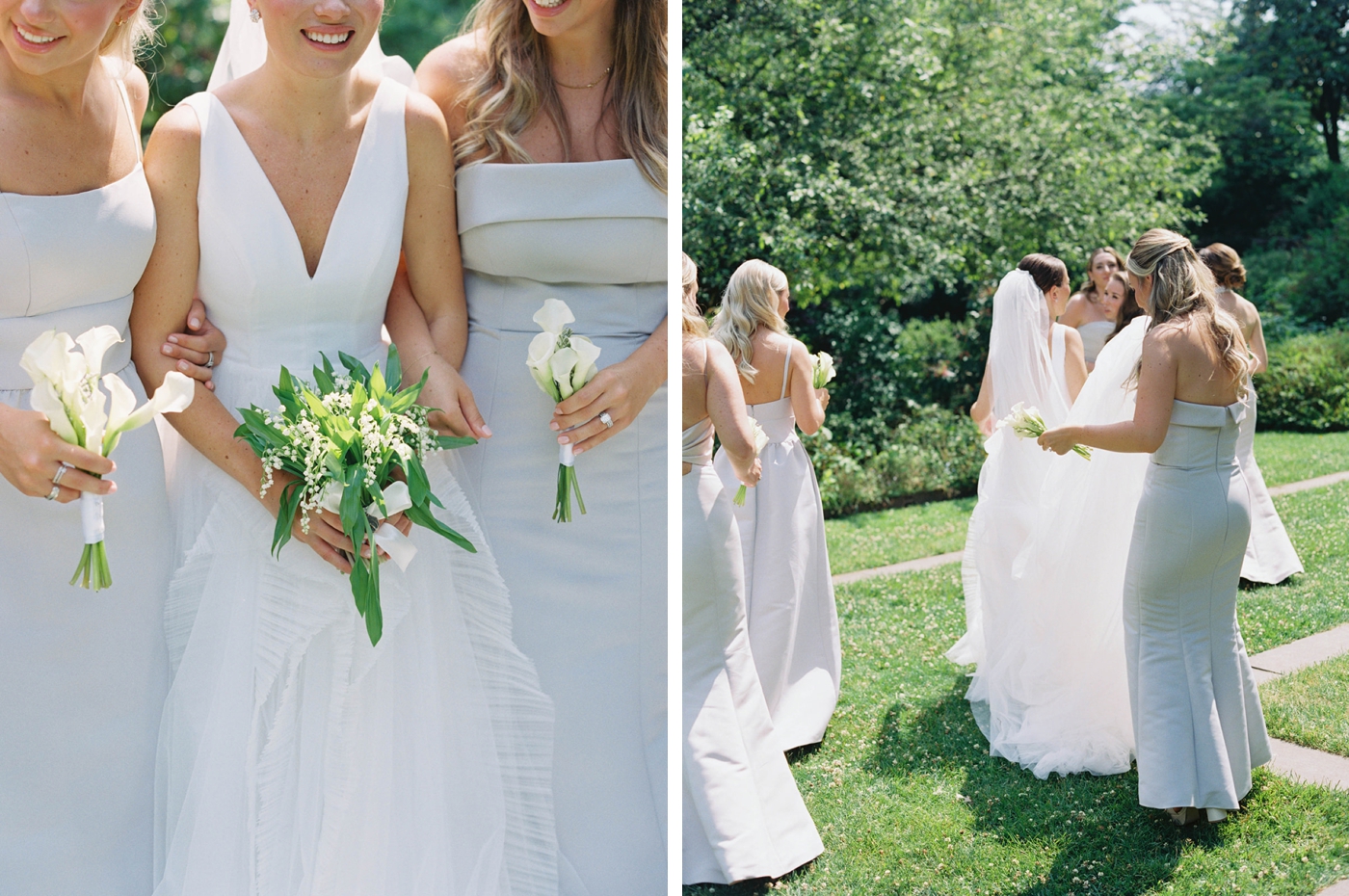 Bride and her bridesmaids holding white single-flower bouquets