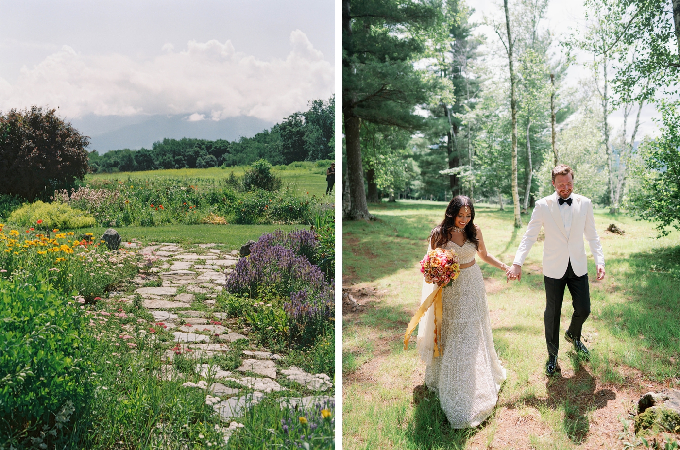 Bridal portraits in the wildflower garden at Trapp Family Lodge in Stowe, VT