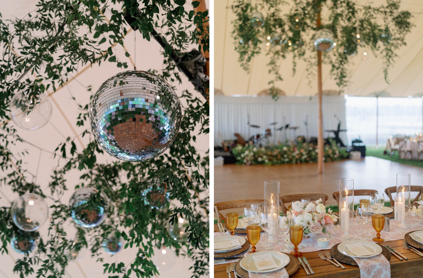 Disco balls and greenery hanging from the ceiling of a wedding reception tent