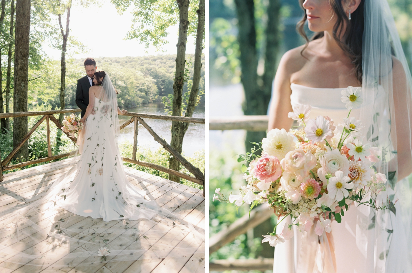 Bride holding a white, blush, and peach wedding bouquet filled with ranunculus, cosmos, and dahlias