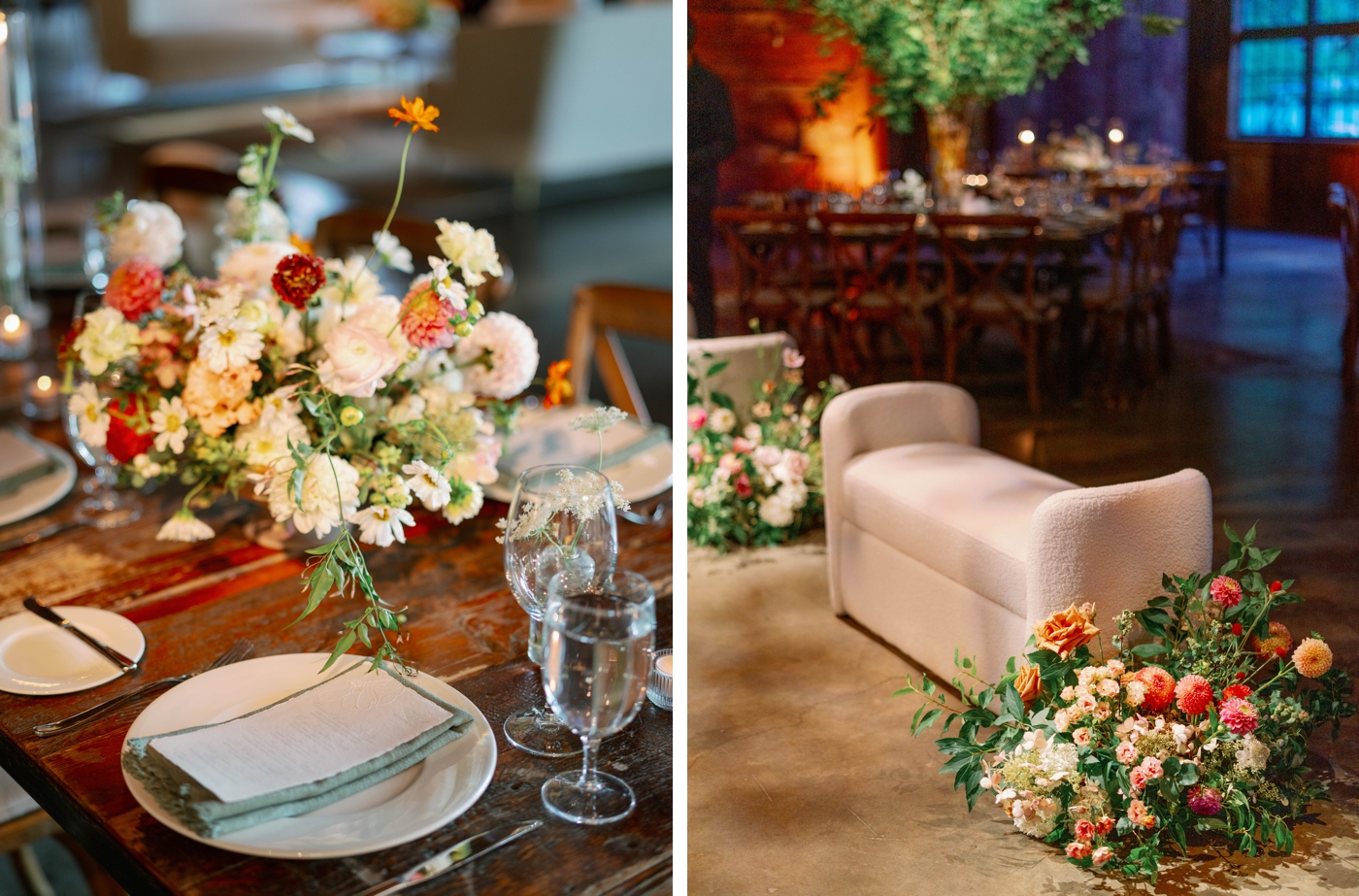 Grounded floral arrangement filled with peach roses and dahlias next to a white boucle seating lounge