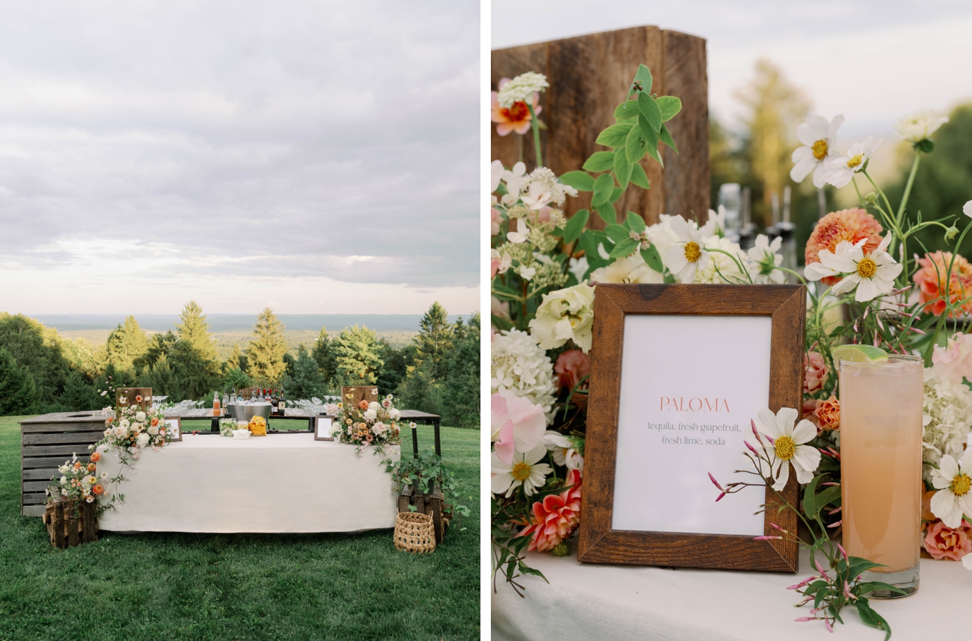 Outdoor bar decorated with white and peach flowers for a wedding rehearsal dinner