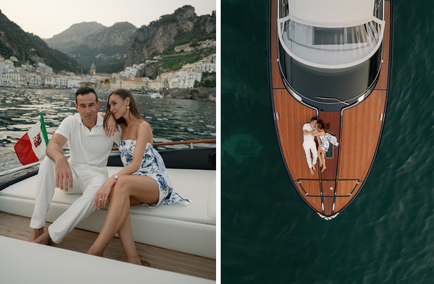 Bride wearing a blue toile patterned mini dress by Oscar de la Renta for her wedding weekend in Amalfi