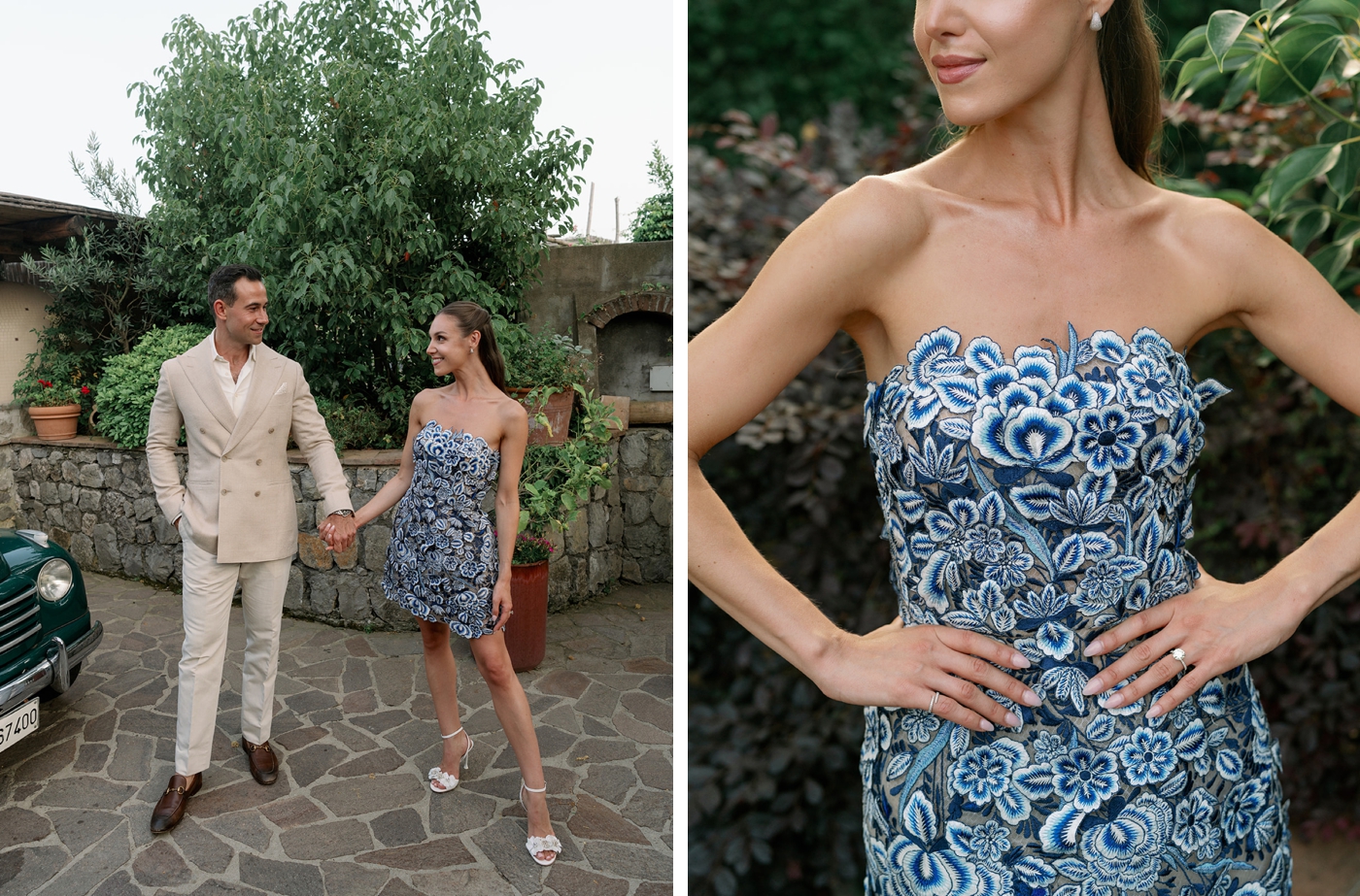 rehearsal dinner dress with blue embroidered flowers