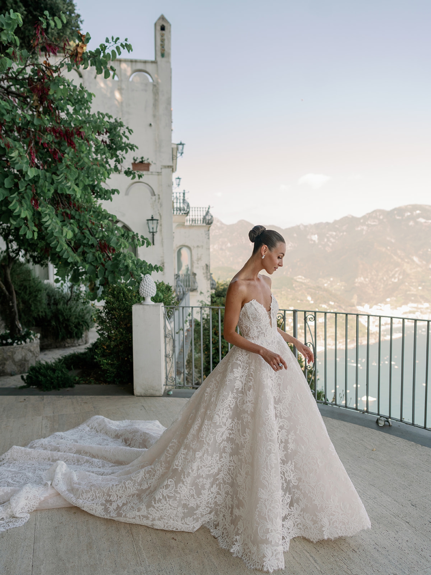 Bride wearing the Emilia gown by Monique Lhuillier