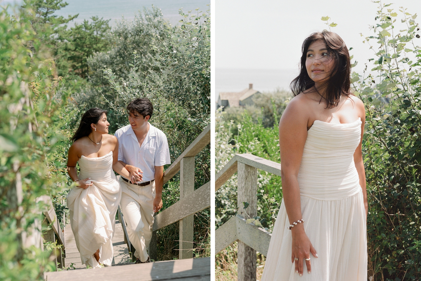 Bride wearing a strapless ivory maxi dress for her Nantucket engagement session