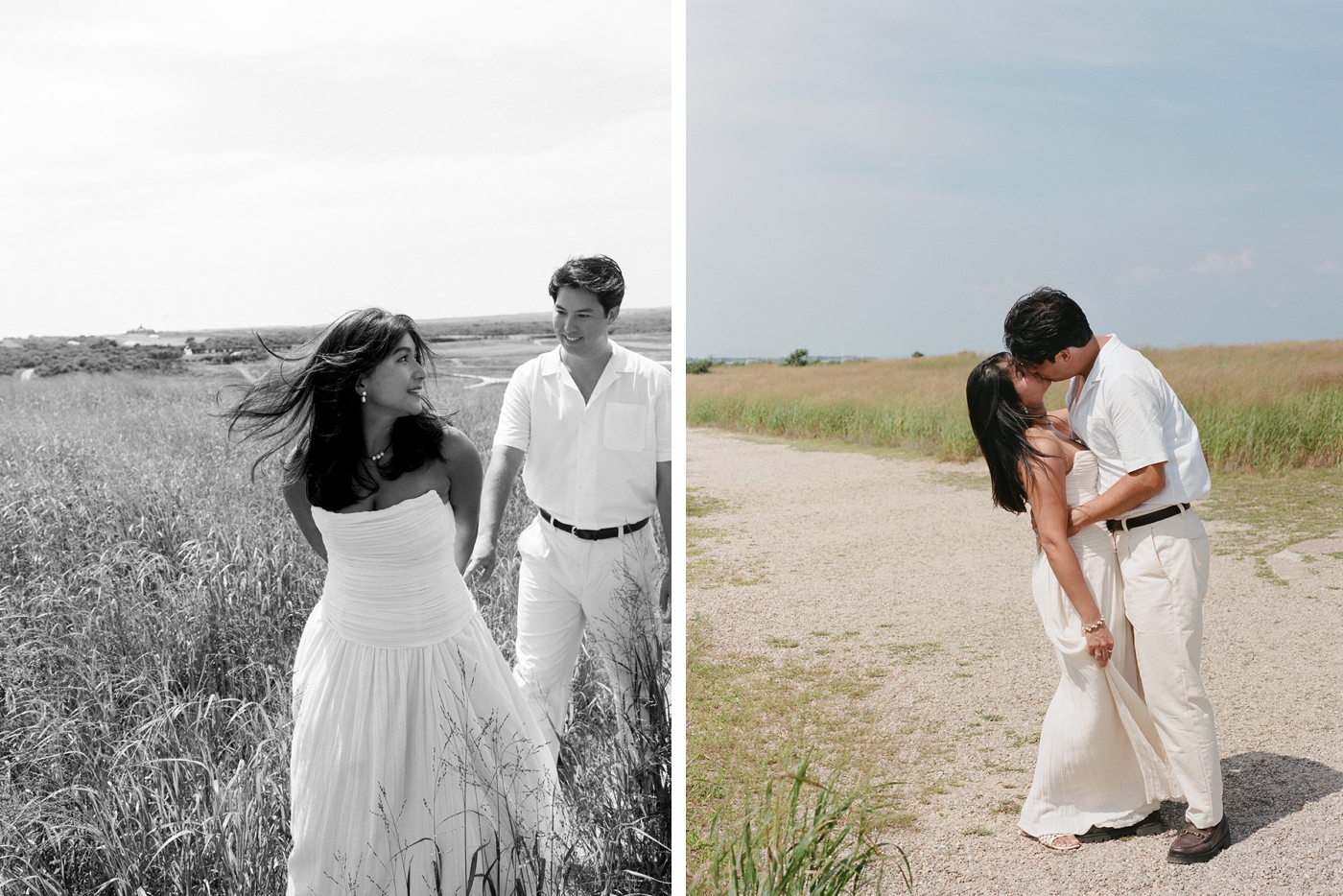 Bride wearing a strapless ivory maxi dress for her Nantucket engagement session