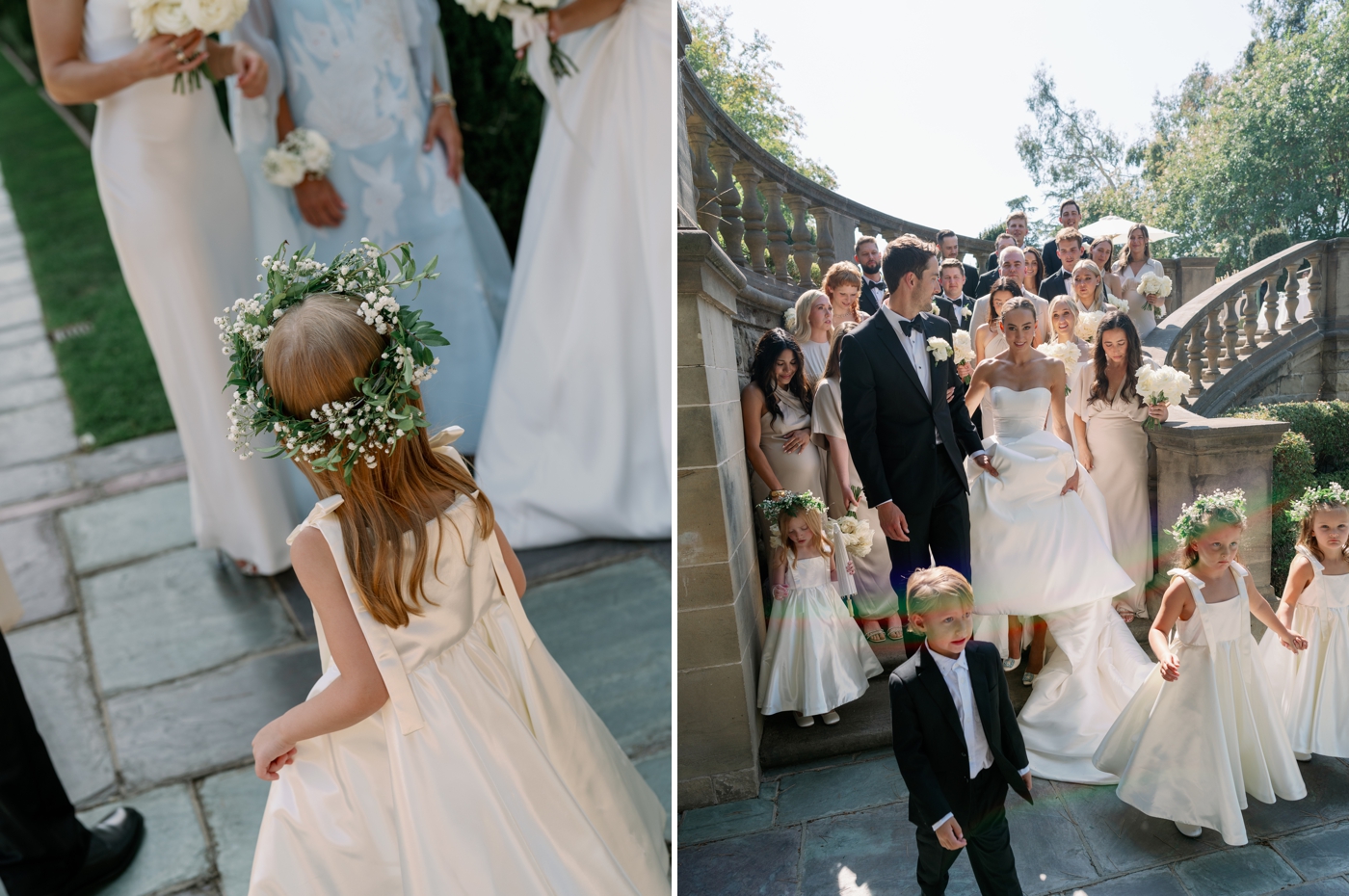 Candid photo of the bride, groom, and their wedding party on the stone steps at Greyview Mansion