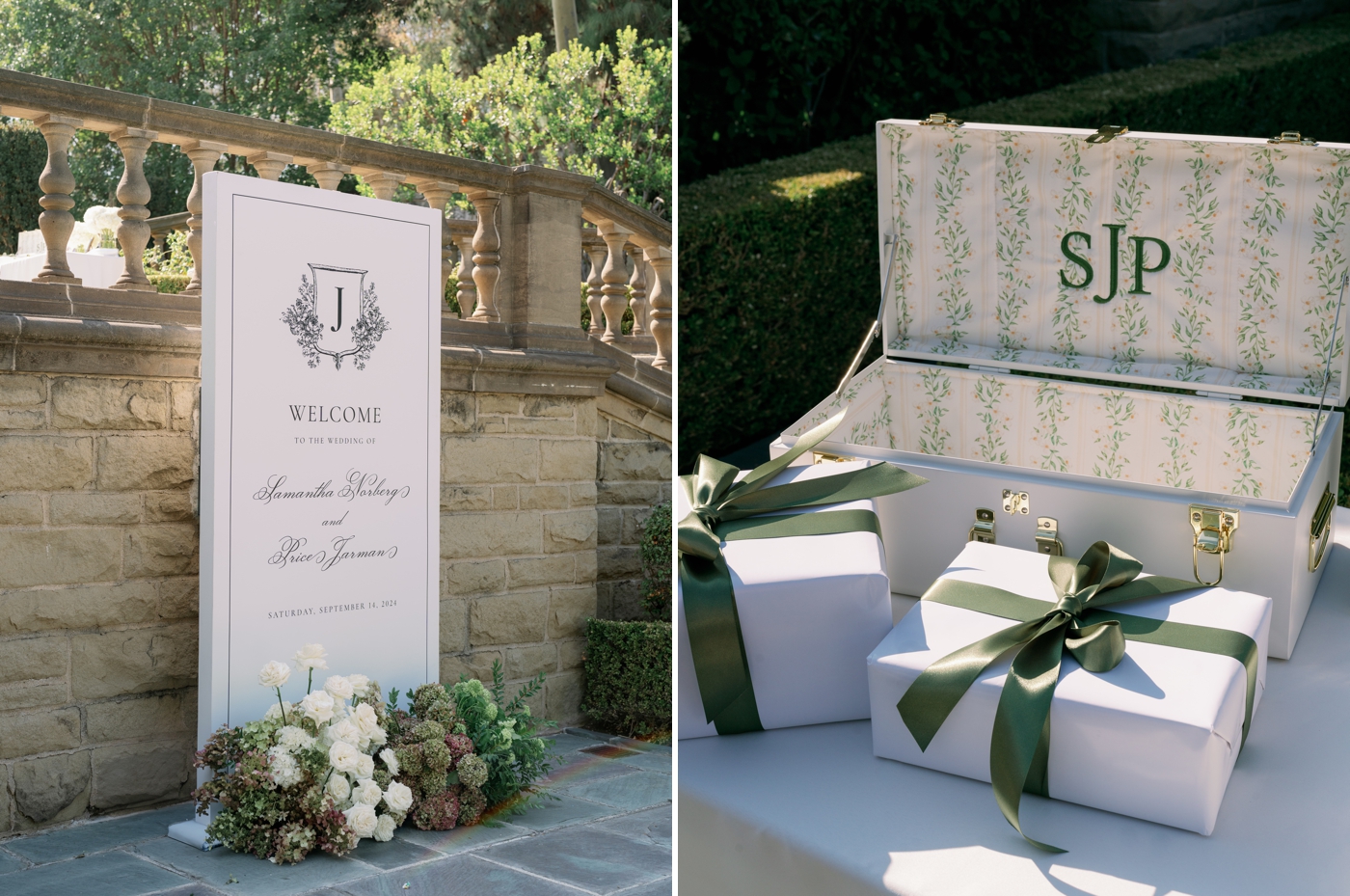 Monogrammed wedding card box  with green and white details and two presents in front of it