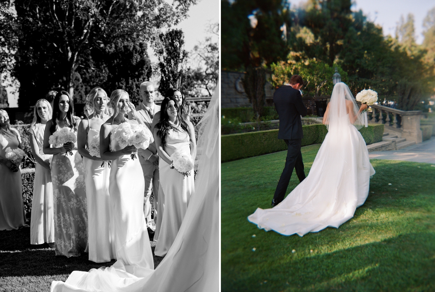 Bride and groom walking across garden grounds after their wedding ceremony conclusion