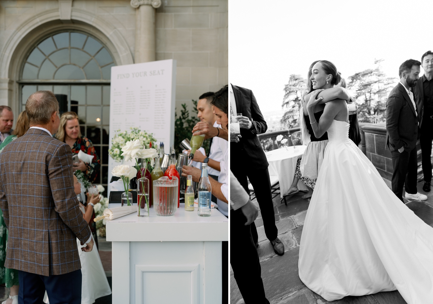 Bride hugging guest during cocktail hour 