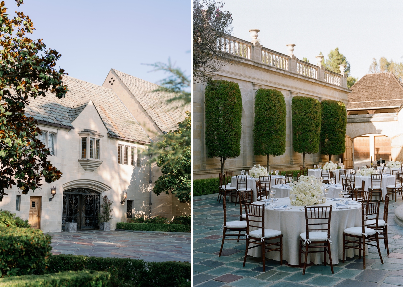 Outdoor reception space at the Greyview Mansion with circular tables sand large white floral centerpieces