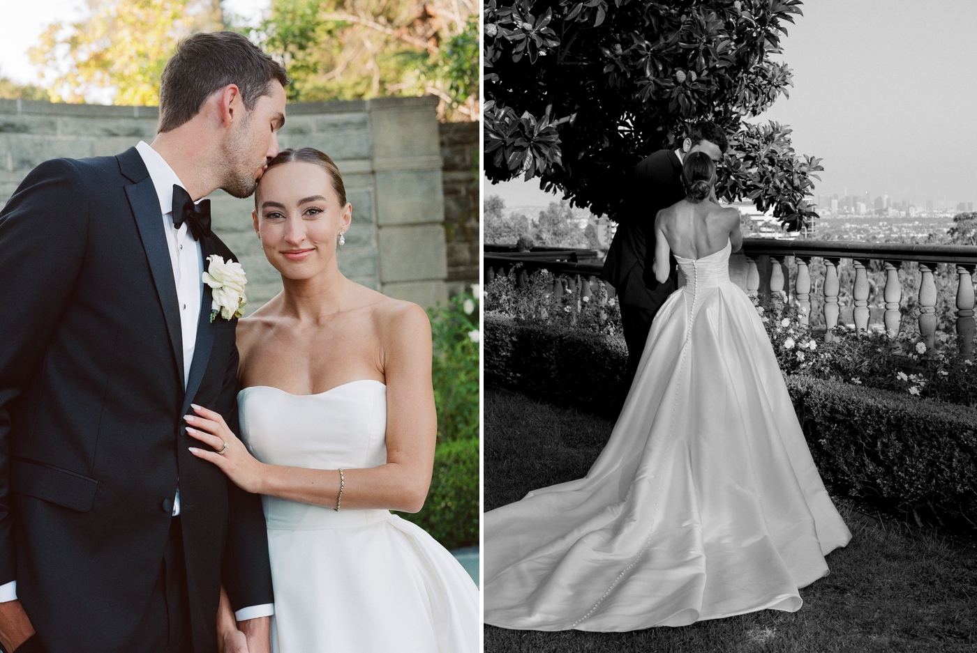 Groom kissing bride on the temple while she looks into camera 