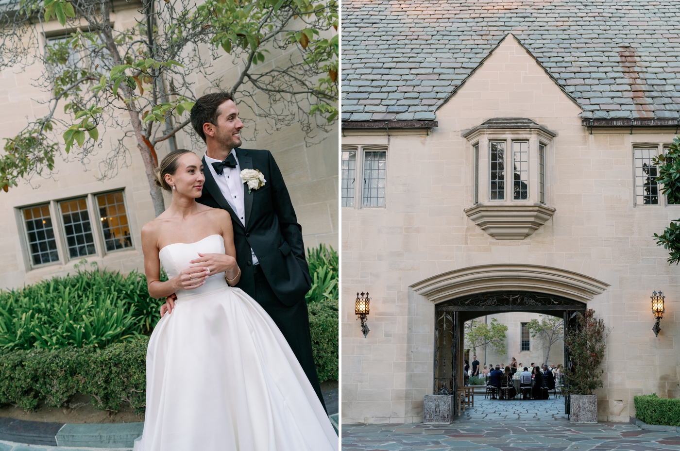 View of wedding reception space through gateway that passes under the Greyview mansion 