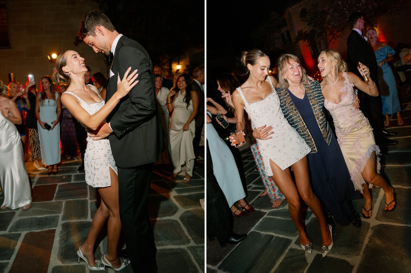 Bride wearing white mini dress with beaded details dancing with two women