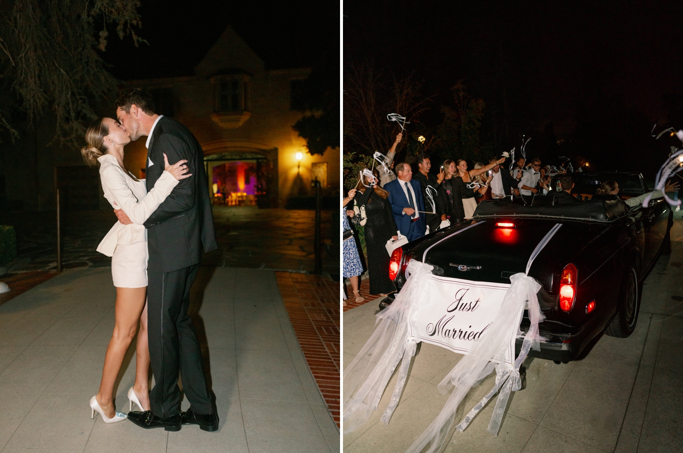 Black convertible car with "Just married" banner hanging off the back, surrounded by wedding guests with streamers