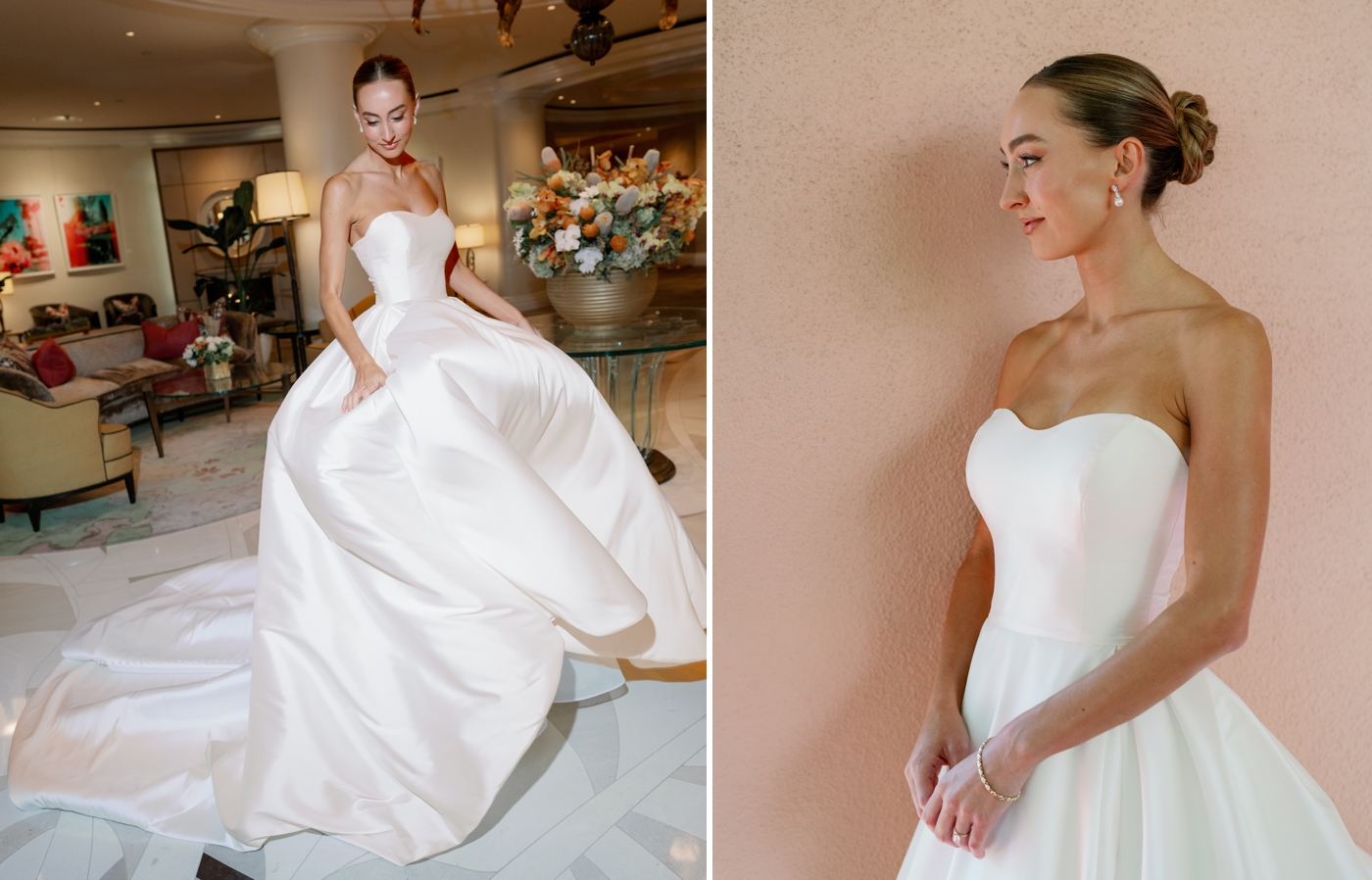 Bride twirling in ballgown in the lobby of the Beverly Hills Hotel 