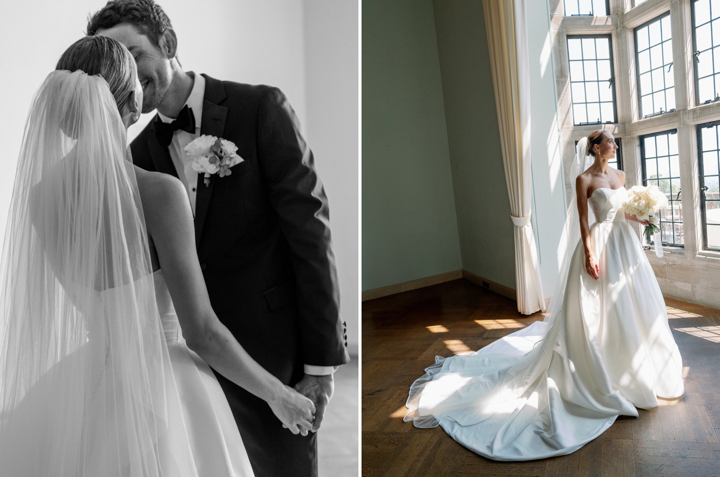 Bride wearing strapless ballgown holding white bouquet looking out a set of windows