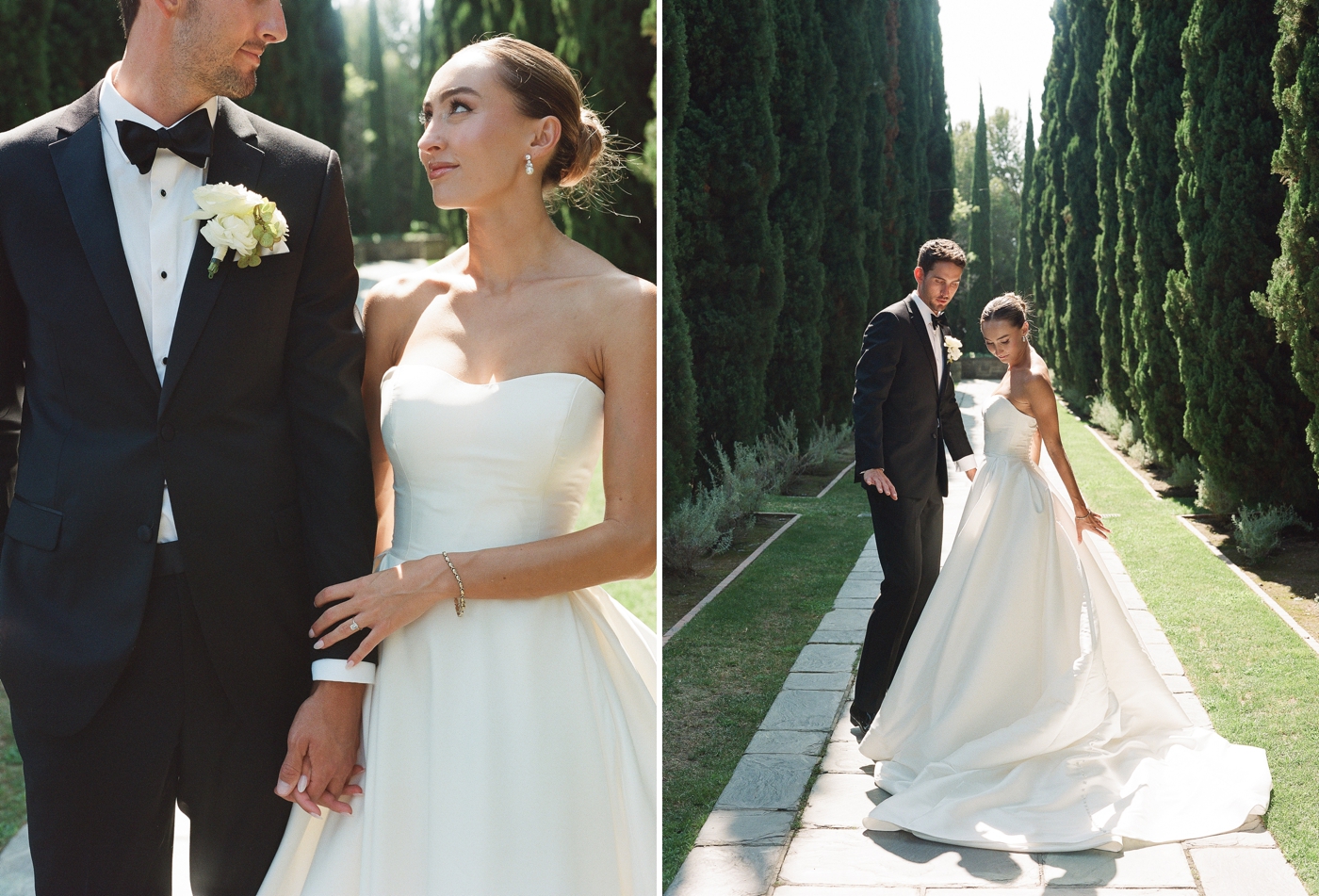 Bride and groom in a hedge allee as bride fixes her dress 