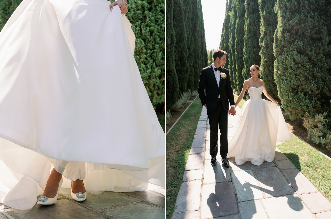 Bride and groom walking hand in hand through the allee at Greystone Mansion 