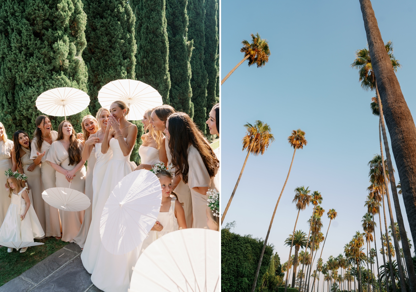 Bride crying surrounded by bridesmaids and flower girls holding parasols 