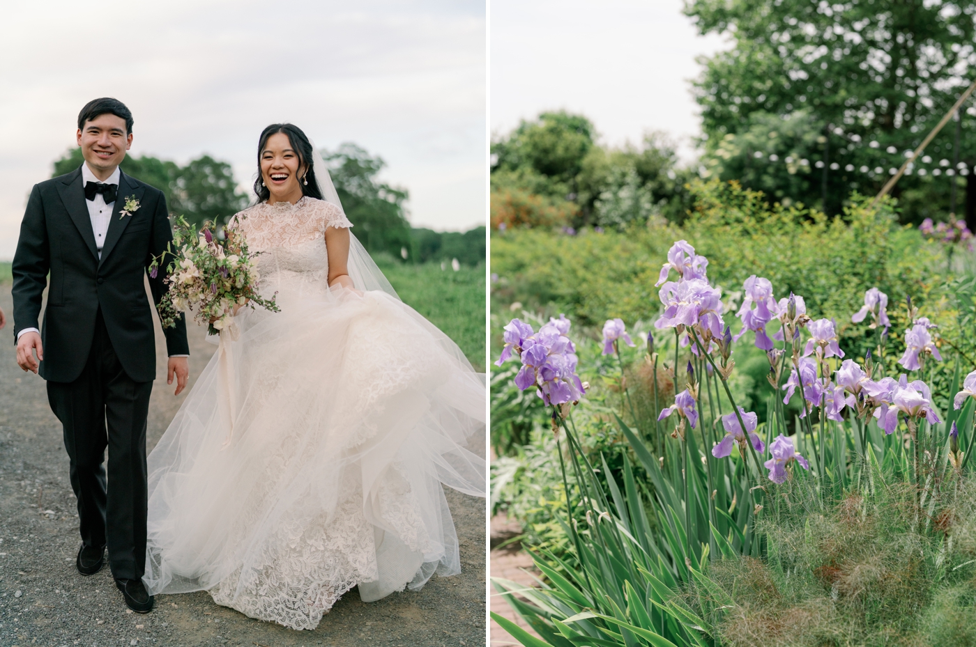 Bride and groom walking down gravel road laughing