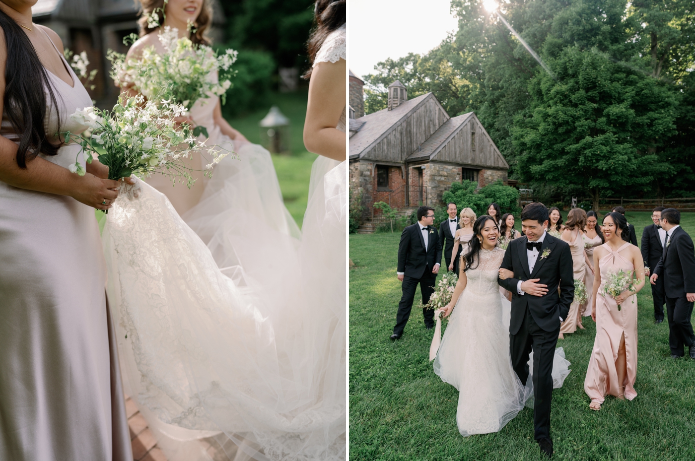 Close up of bridesmaid holding dainty floral bouquet and the skirt of the bride's gown 