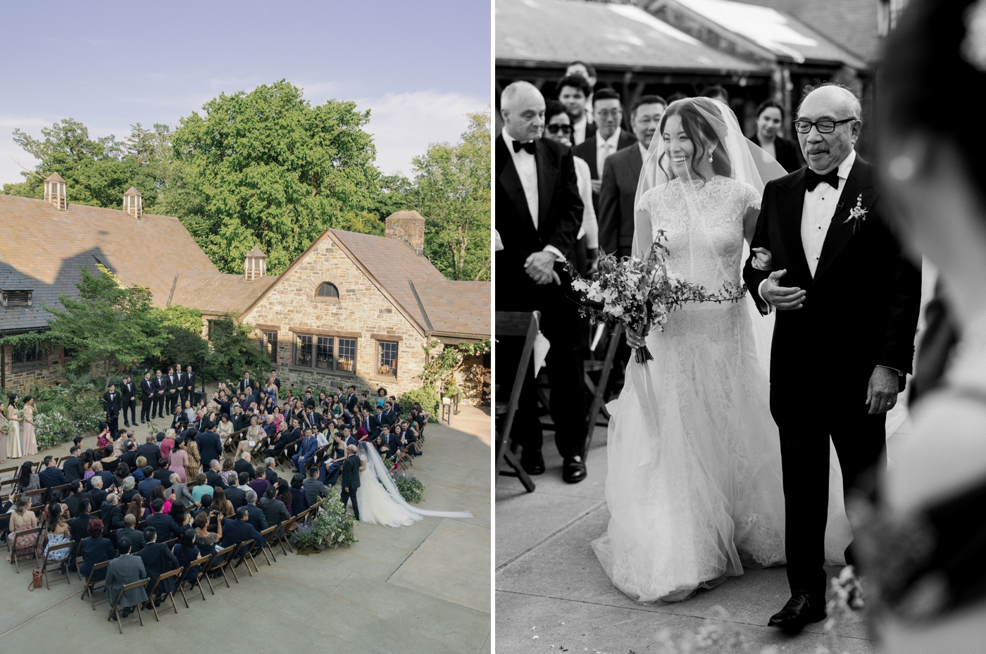 Bride and her father walking down the aisle during wedding ceremony 