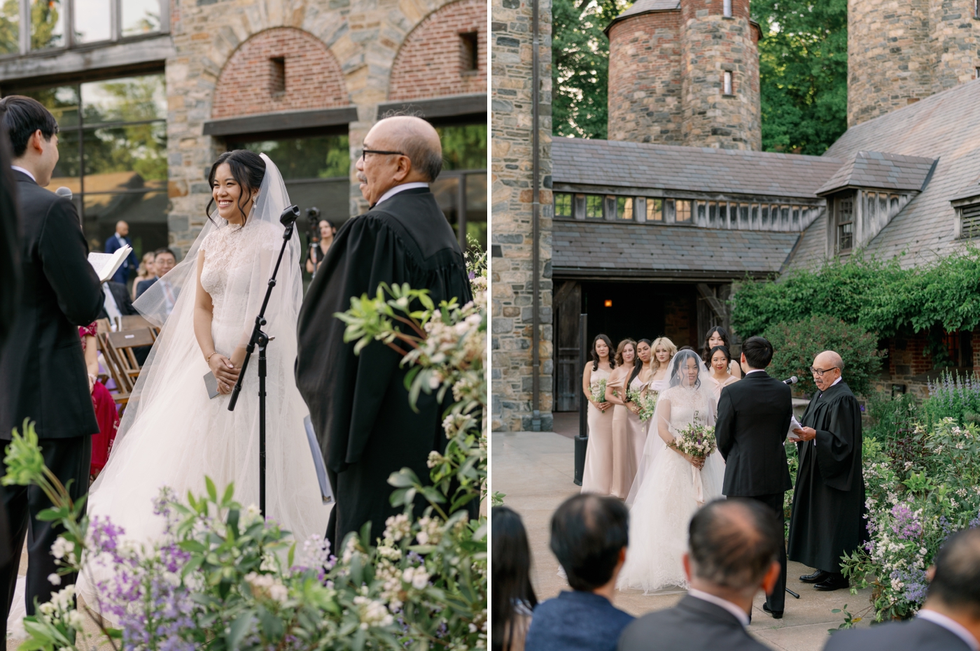 Bride smiling while groom reads his vows during wedding ceremony at Blue Hill Farm 