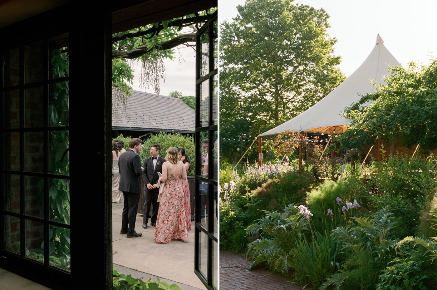 View from a window of guests during cocktail hour at Blue Hill Farm 