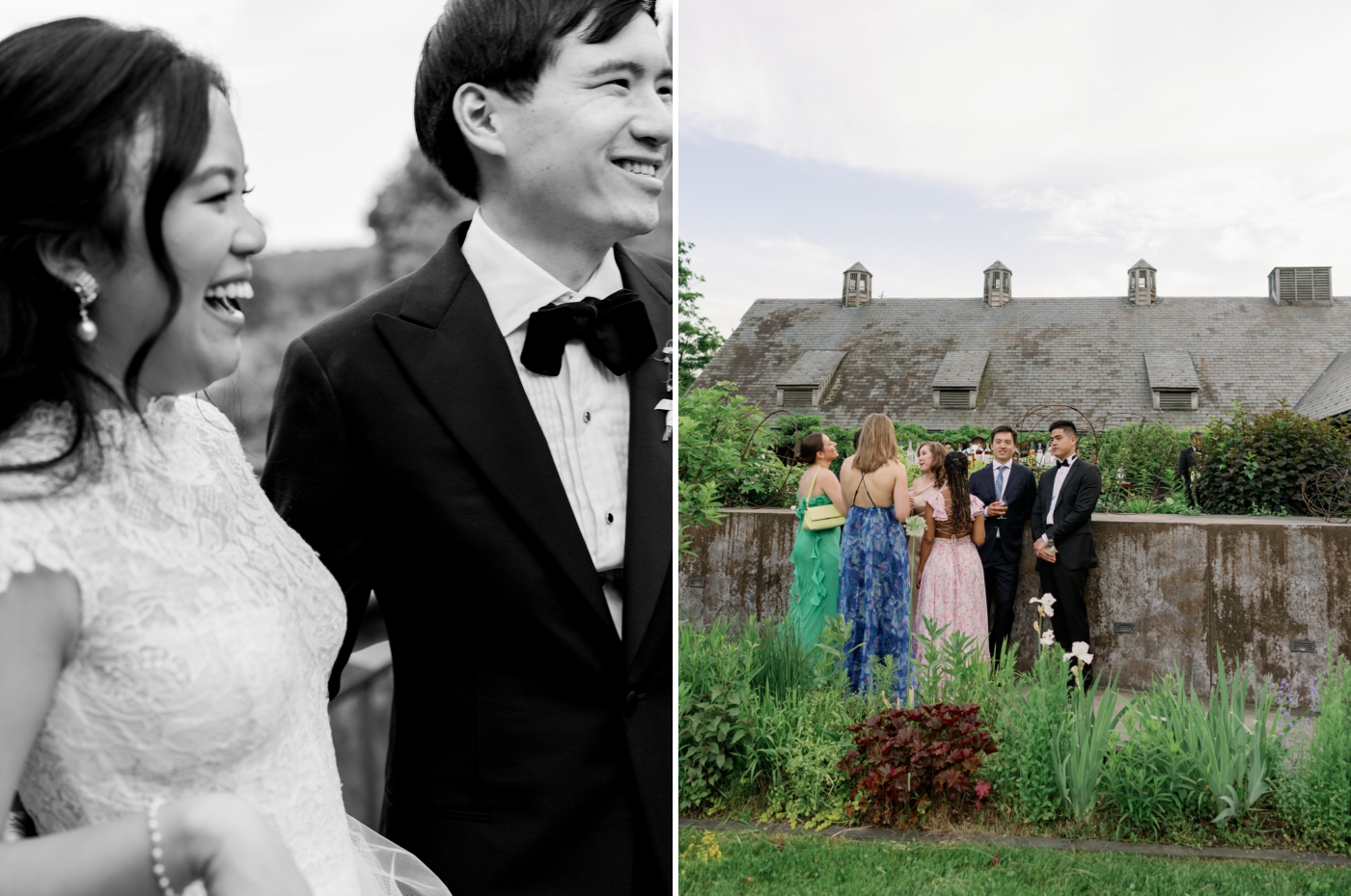 Black and white photo of bride and groom laughing 