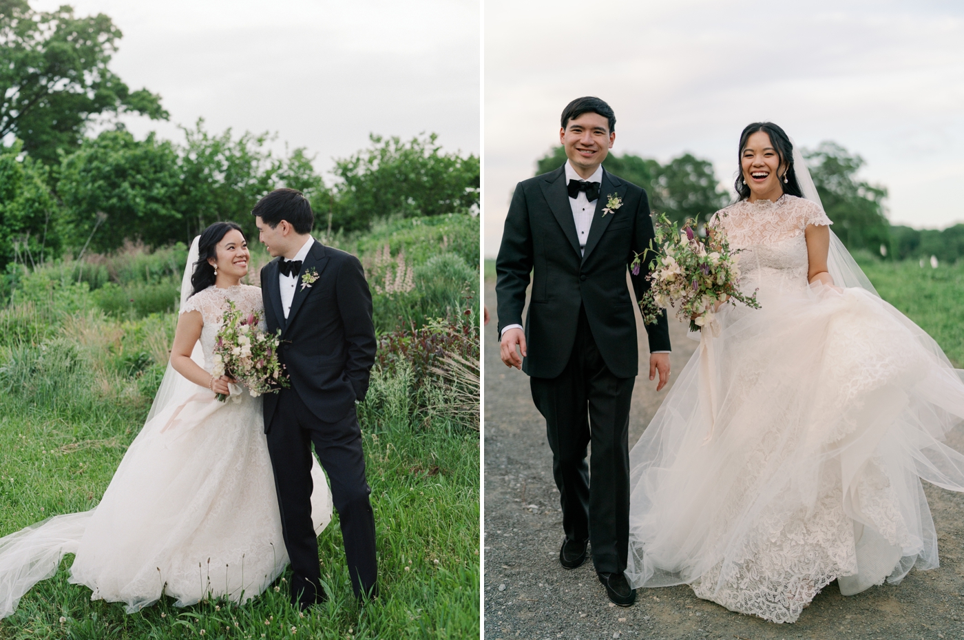 Bride and groom smiling at each other standing in grass field 