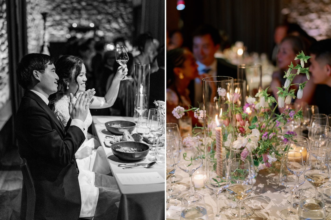 Groom clapping while bride raises her glass for a toast