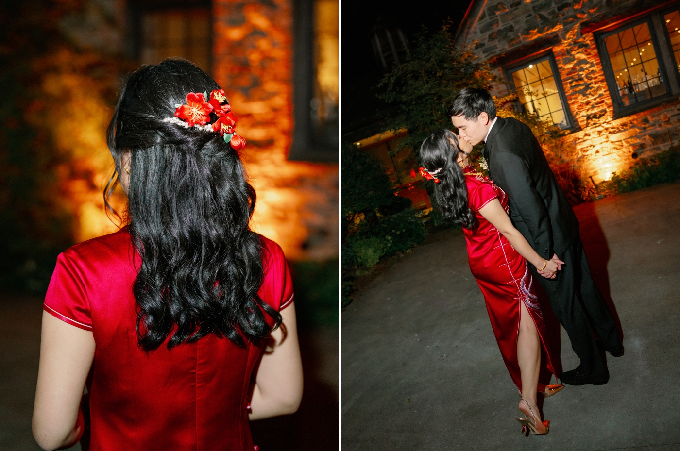 Bride wearing red qipao with red flowers in her hair