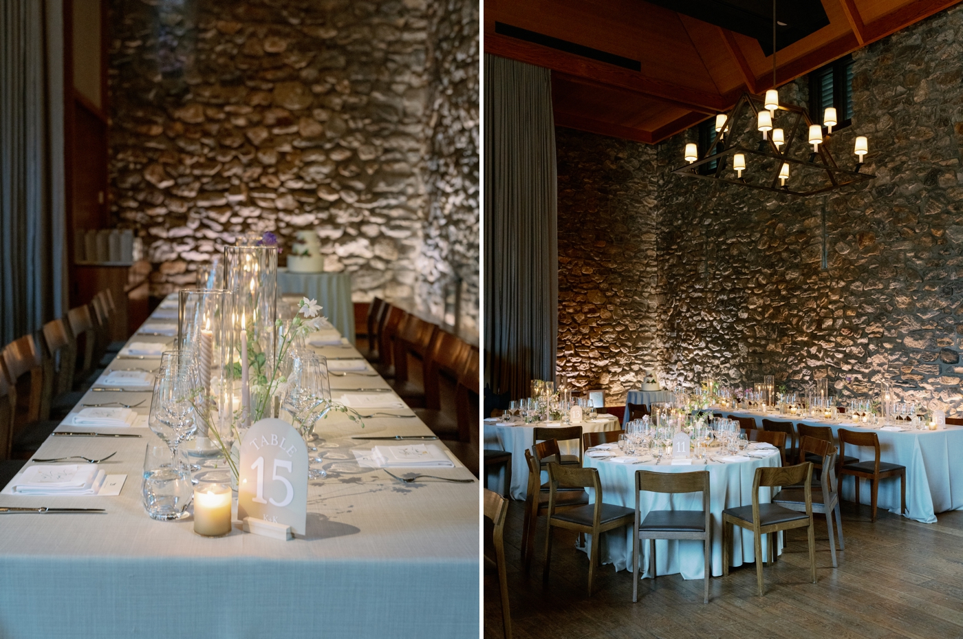 Minimalist wedding tablescape with candles and bud vases for reception at Blue Hill Farms hayloft