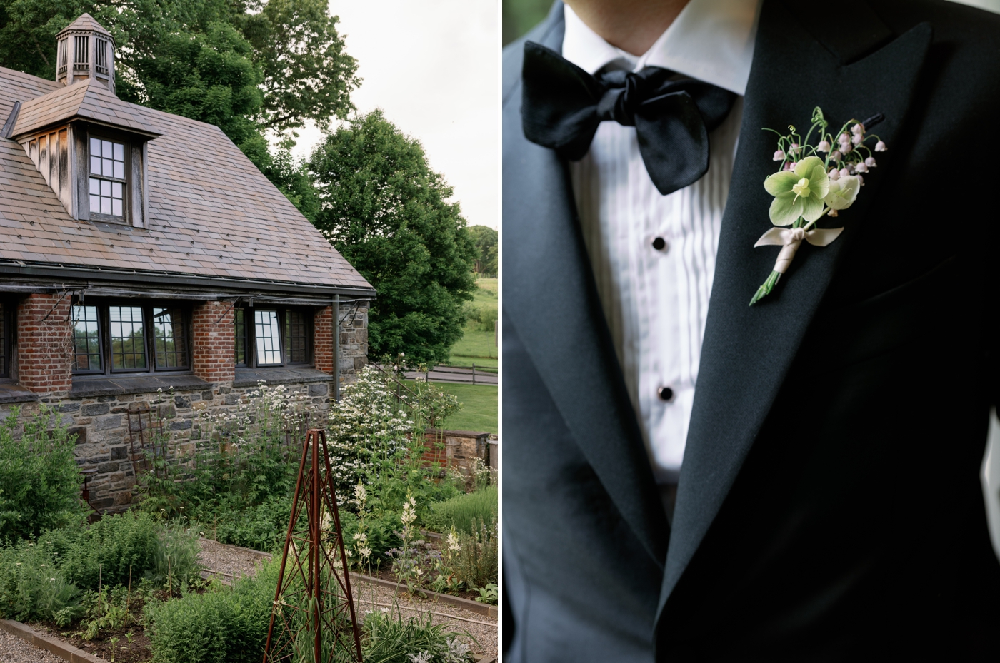 Close up of groom's black tuxedo with dainty floral boutonniere 