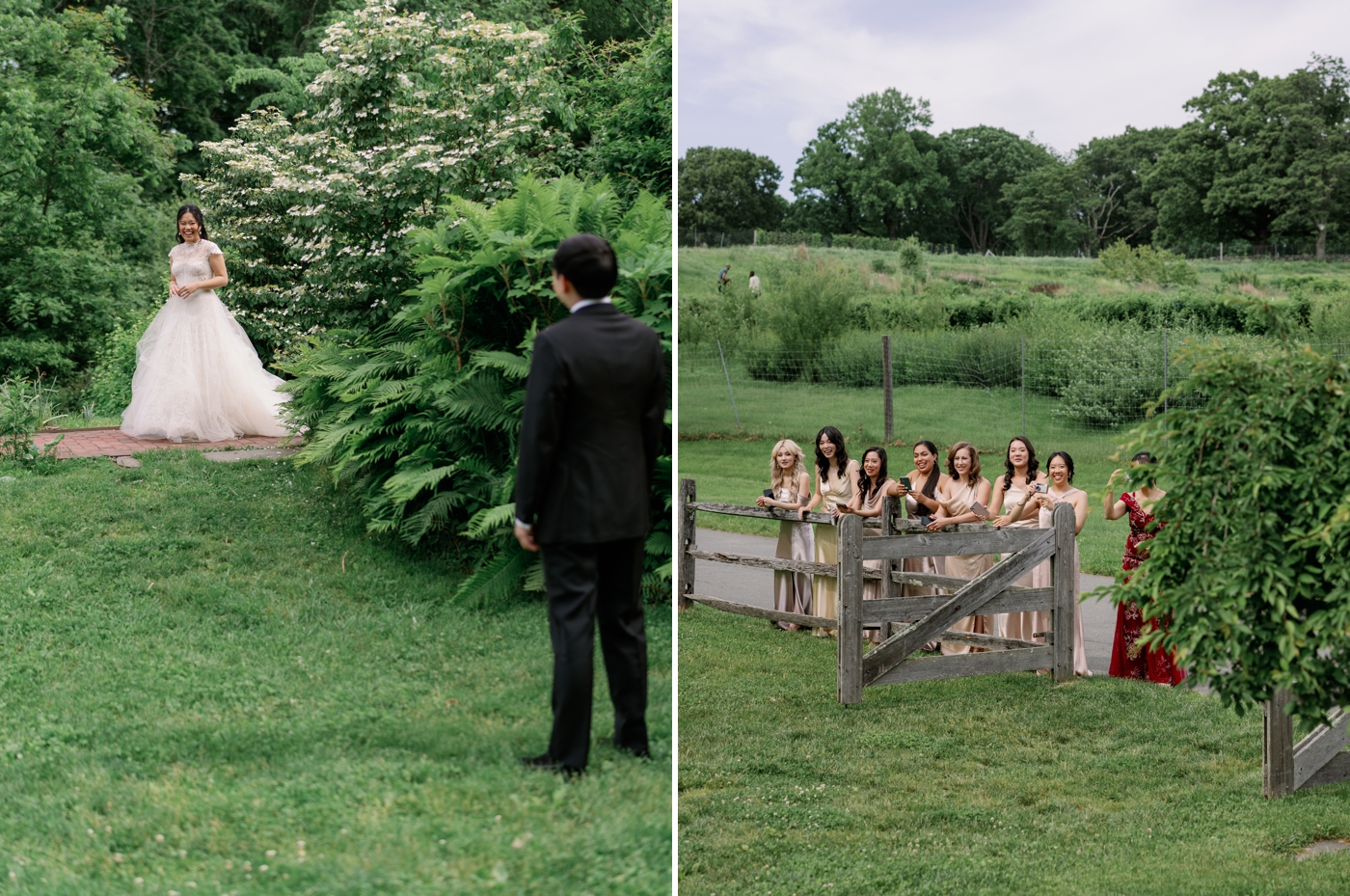 Bridesmaids leaning on fence taking phone videos of the first look 