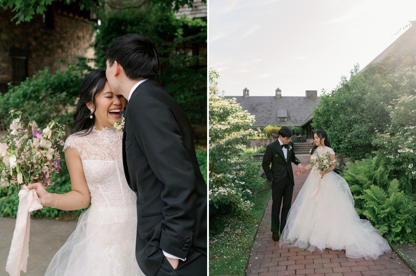 Groom kissing bride on the forehead as she laughs