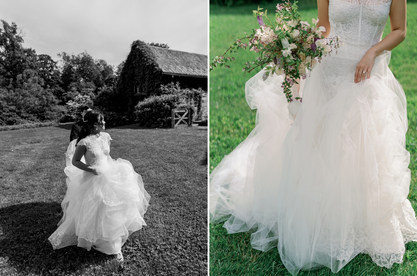 Bride's custom vera wang dress with lace bodice and exposed boning and layered tulle and lace skirt 