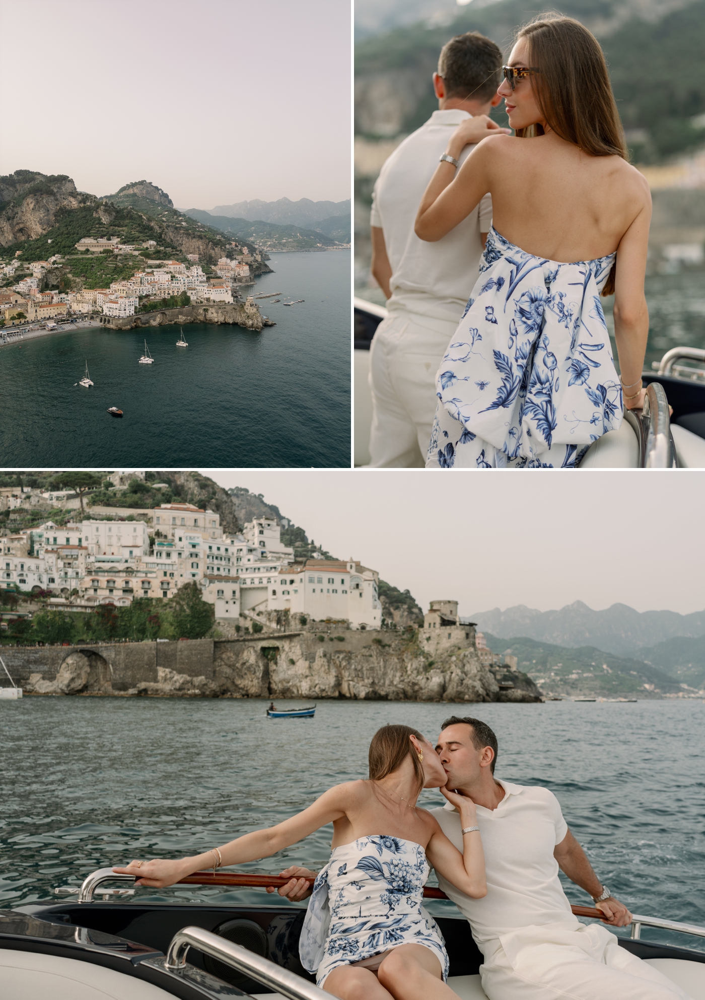 Man and woman kissing on a boat with the Amalfi coast in the background 