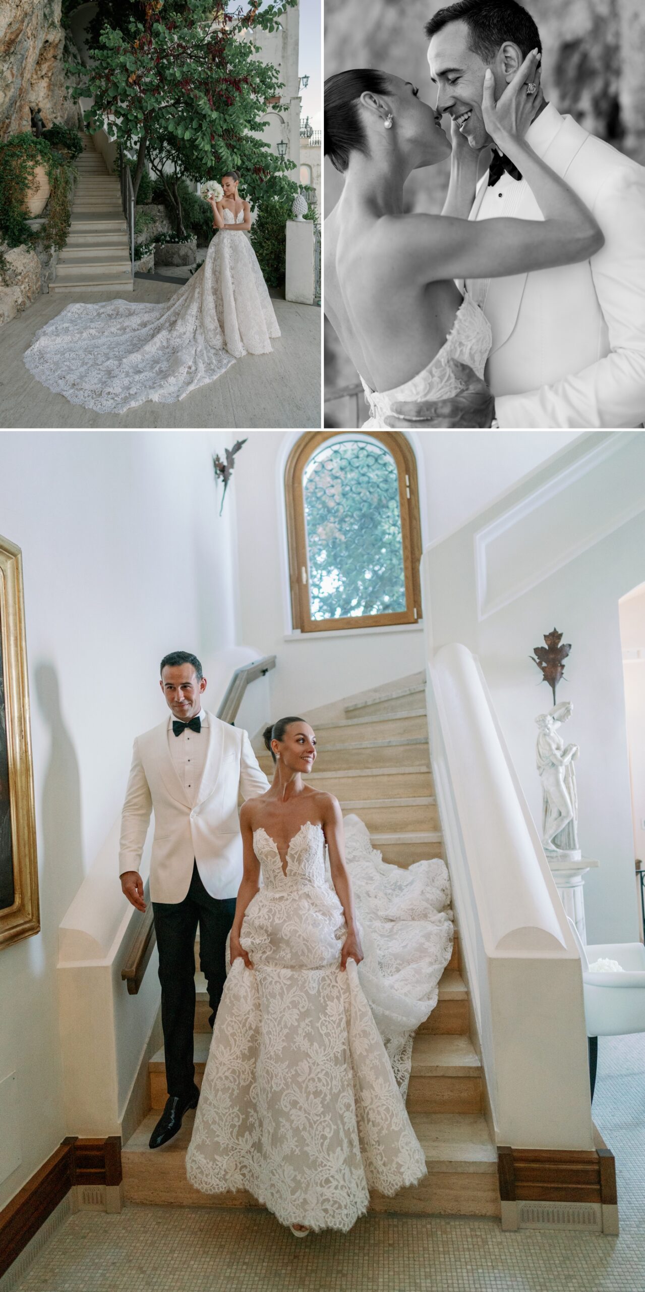 Bride and groom walking down staircase at Villa La Rondinaia